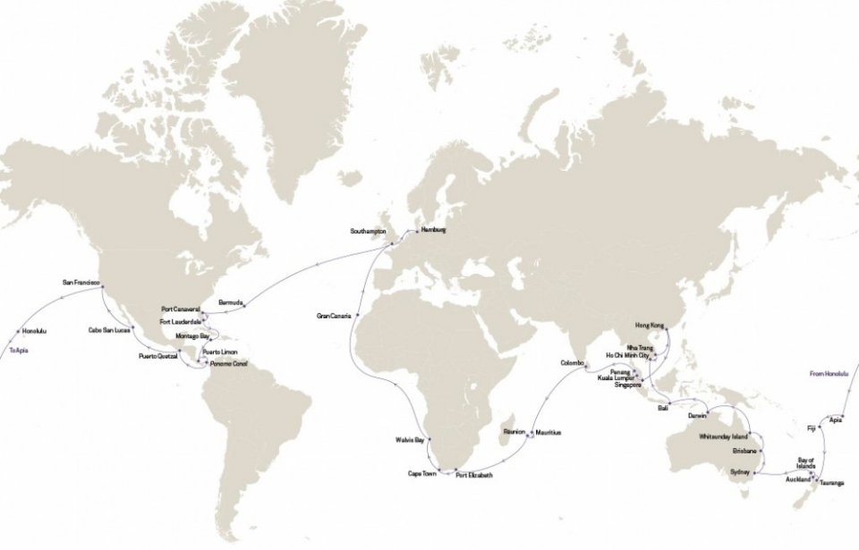Cunard World Cruise kartta Cunard World Cruise kartta
